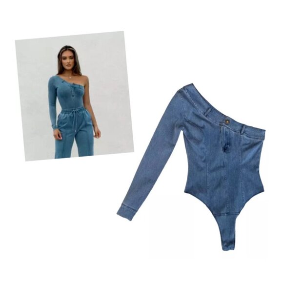 JuxLabel Women's One Shoulder Denim Bodysuit Medium Wash - Picture 1 of 7